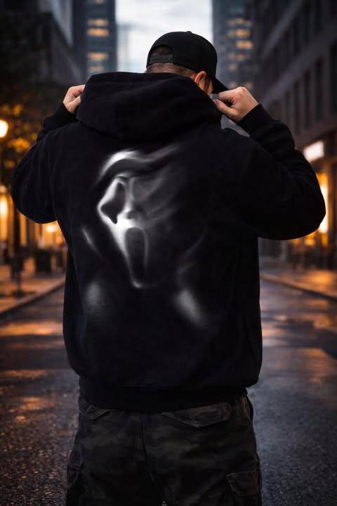 Суичър с качулка с абстрактни графики и принт на призраци