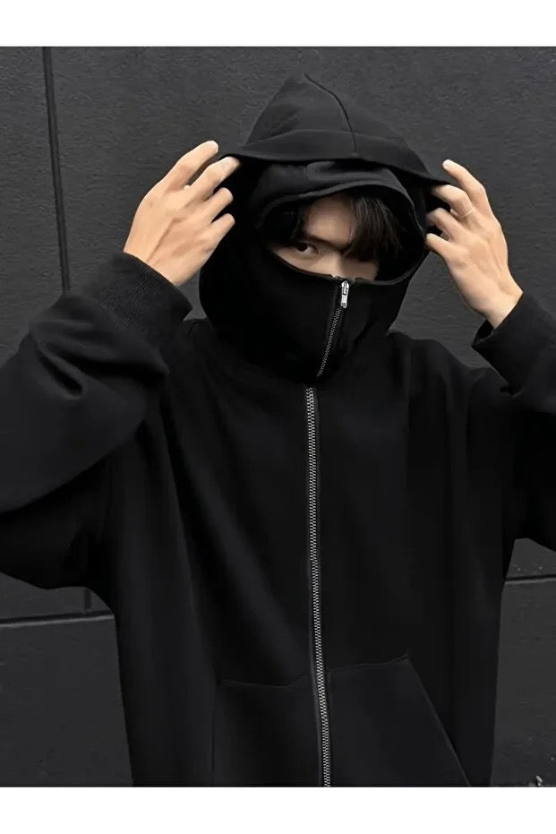 1blood Черен мъжки суитшърт с качулка, маска, готически дизайн, с цип отгоре до долу